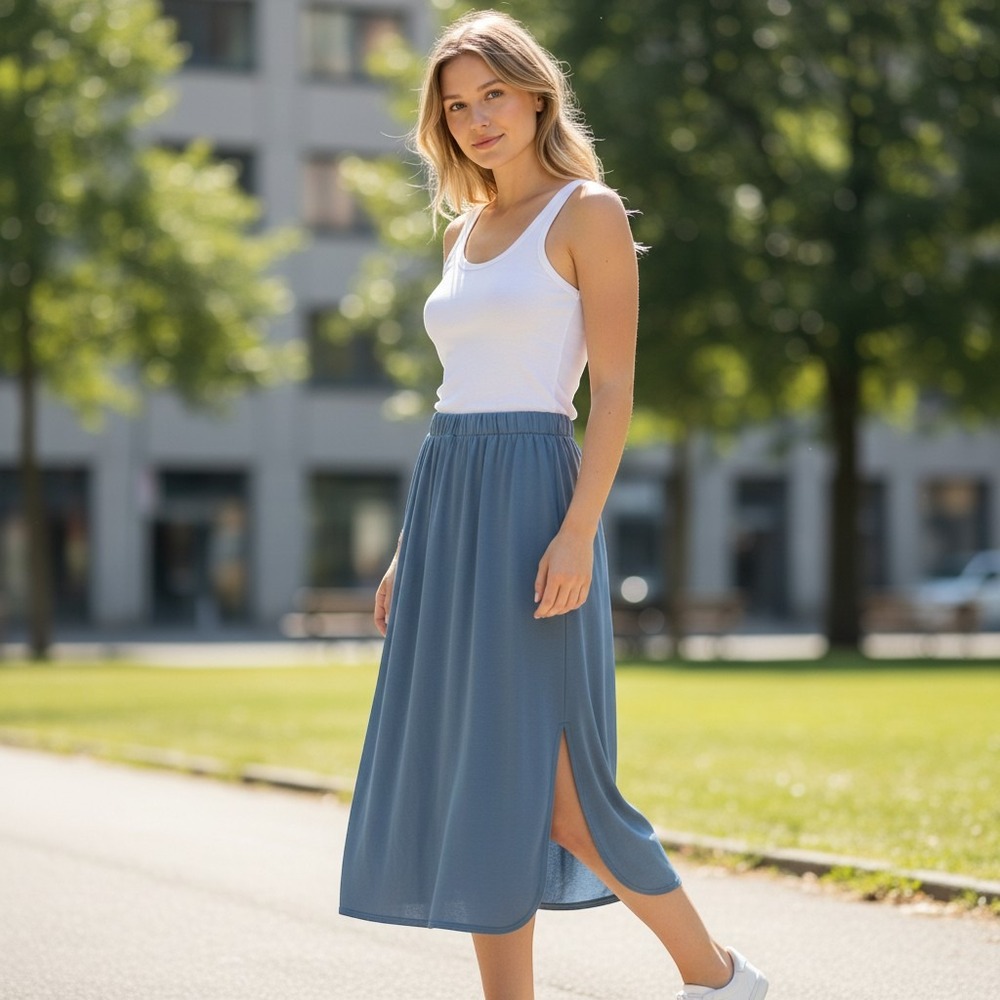 Sweaty Betty London Midi Skirt Blue-Grey Modal Blend Tulip Hem Size Small
